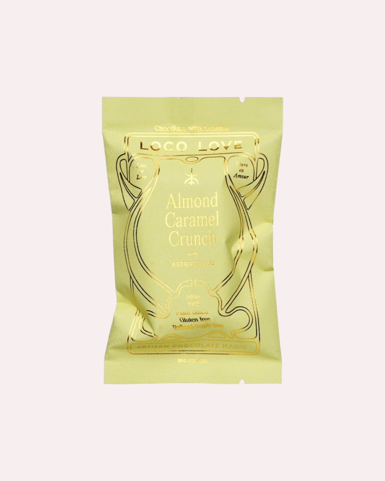 JONES + CO Almond Caramel Crunch chocolate bar with astragalus in a light green wrapper with gold foil detailing.