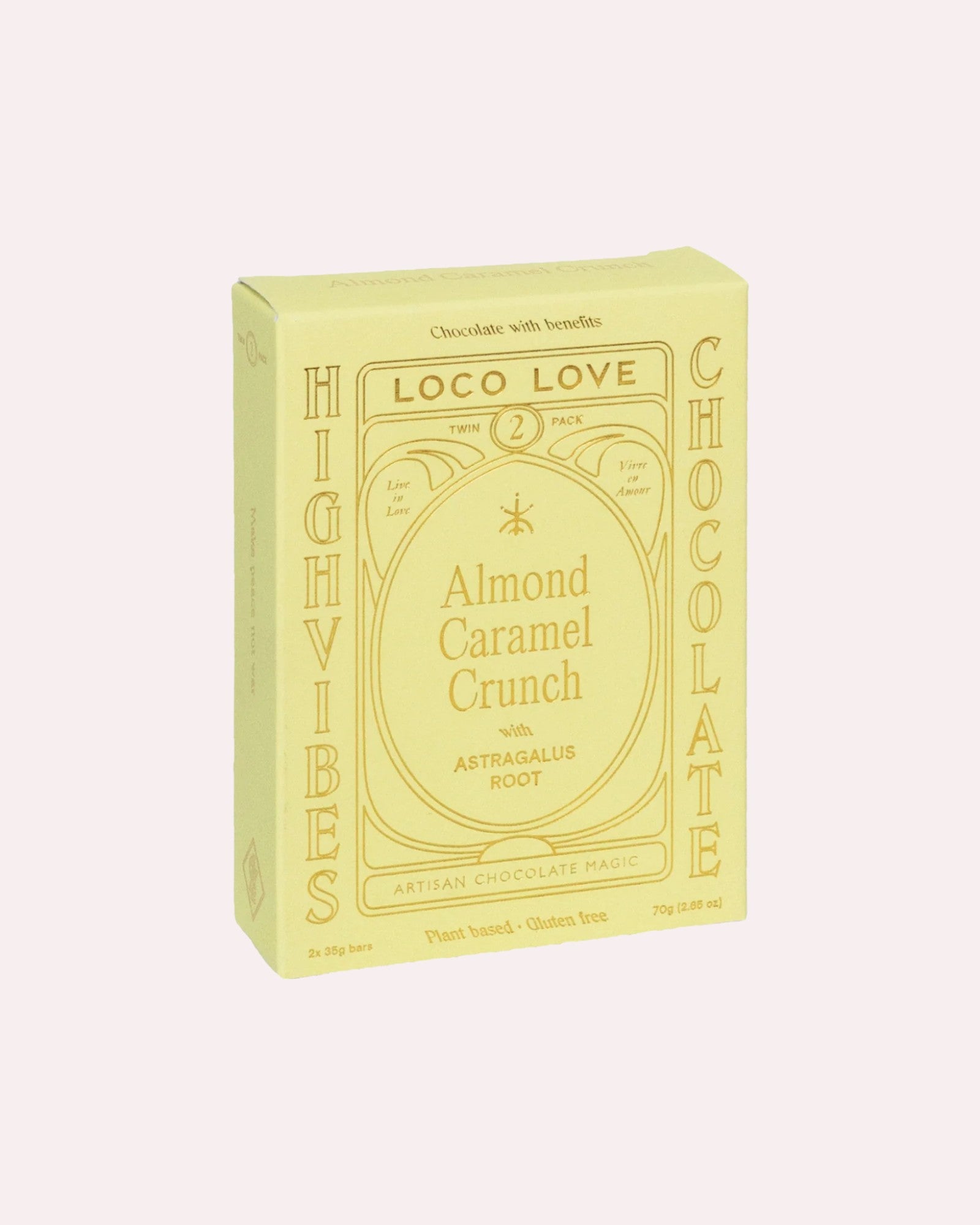 JONES + CO Almond Caramel Crunch chocolate bar box in pale yellow packaging with gold text and botanical details.