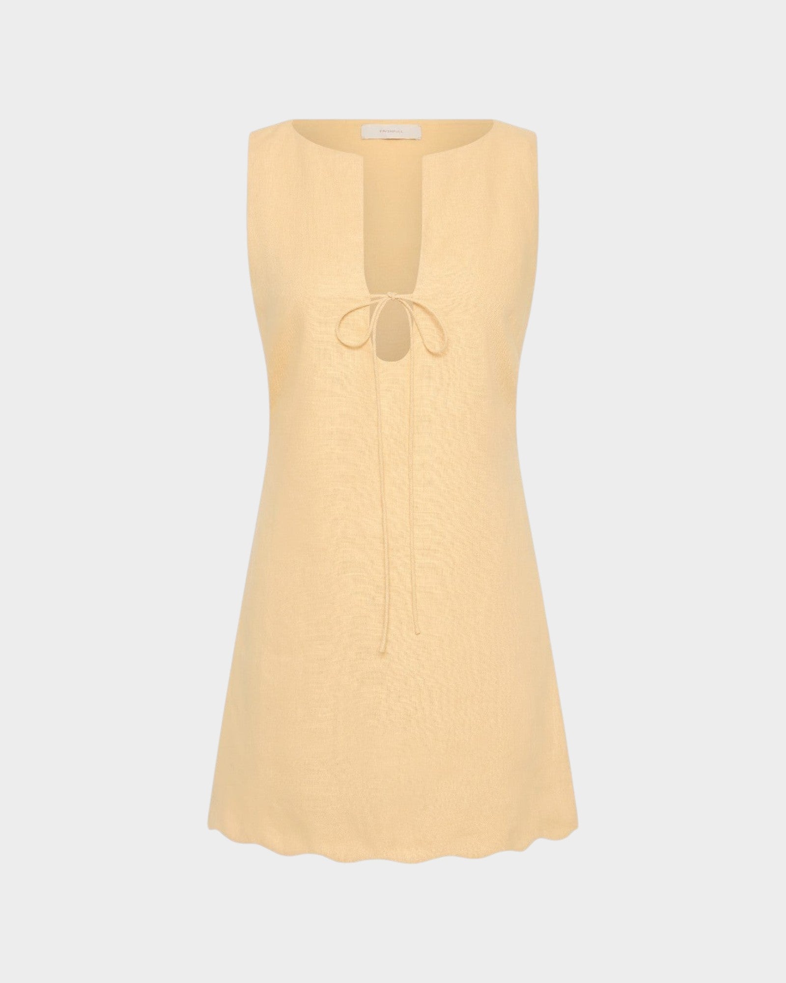 JONES + CO Alondra mini dress in daffodil yellow with a sleeveless design, deep slit neckline, and tie detail.