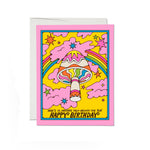 JONES + CO Another Trip birthday card with neon mushroom, rainbow, and stars illustration on recycled cardstock.