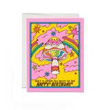 JONES + CO Another Trip birthday card with neon mushroom, rainbow, and stars illustration on recycled cardstock.