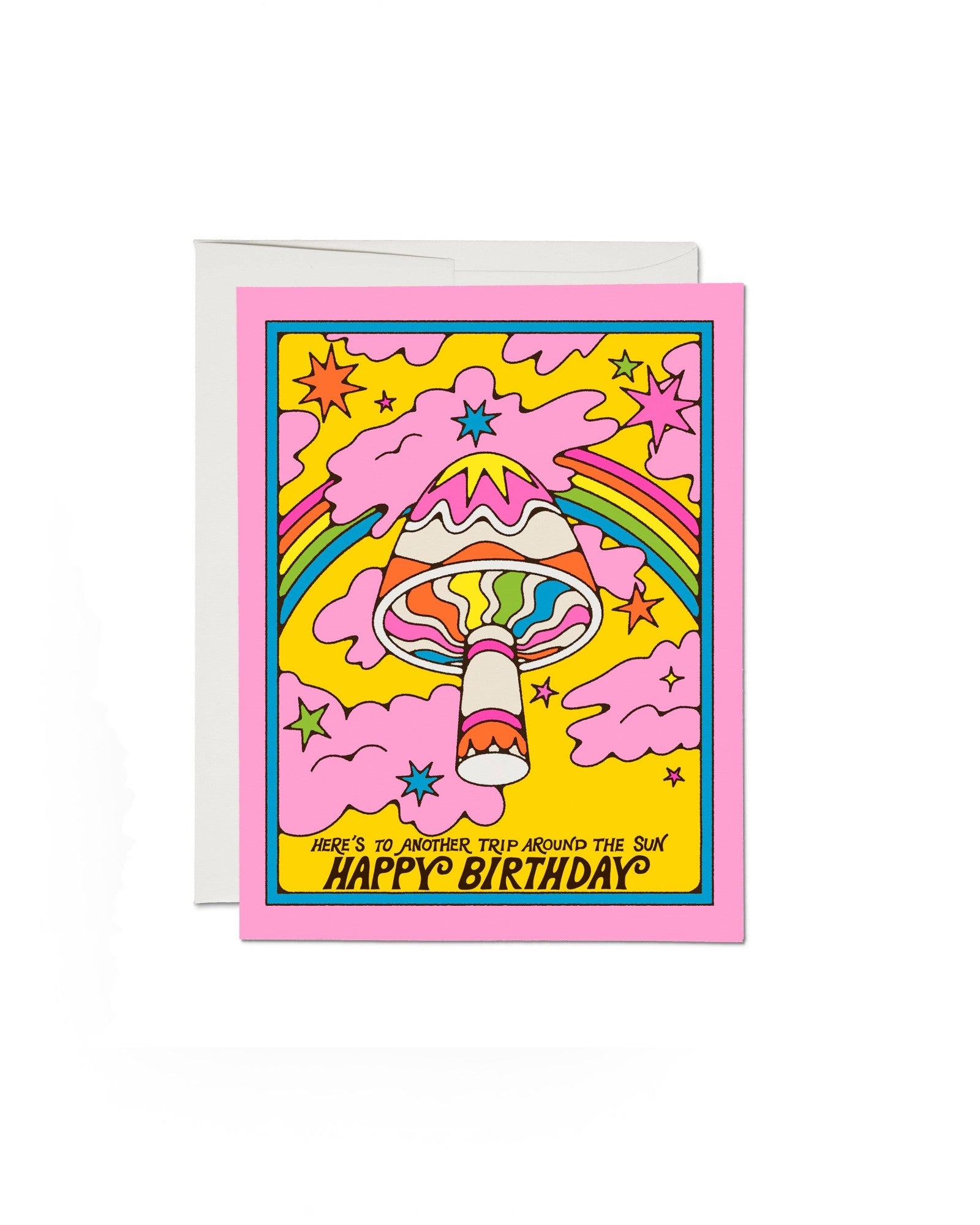 JONES + CO Another Trip birthday card with neon mushroom, rainbow, and stars illustration on recycled cardstock.