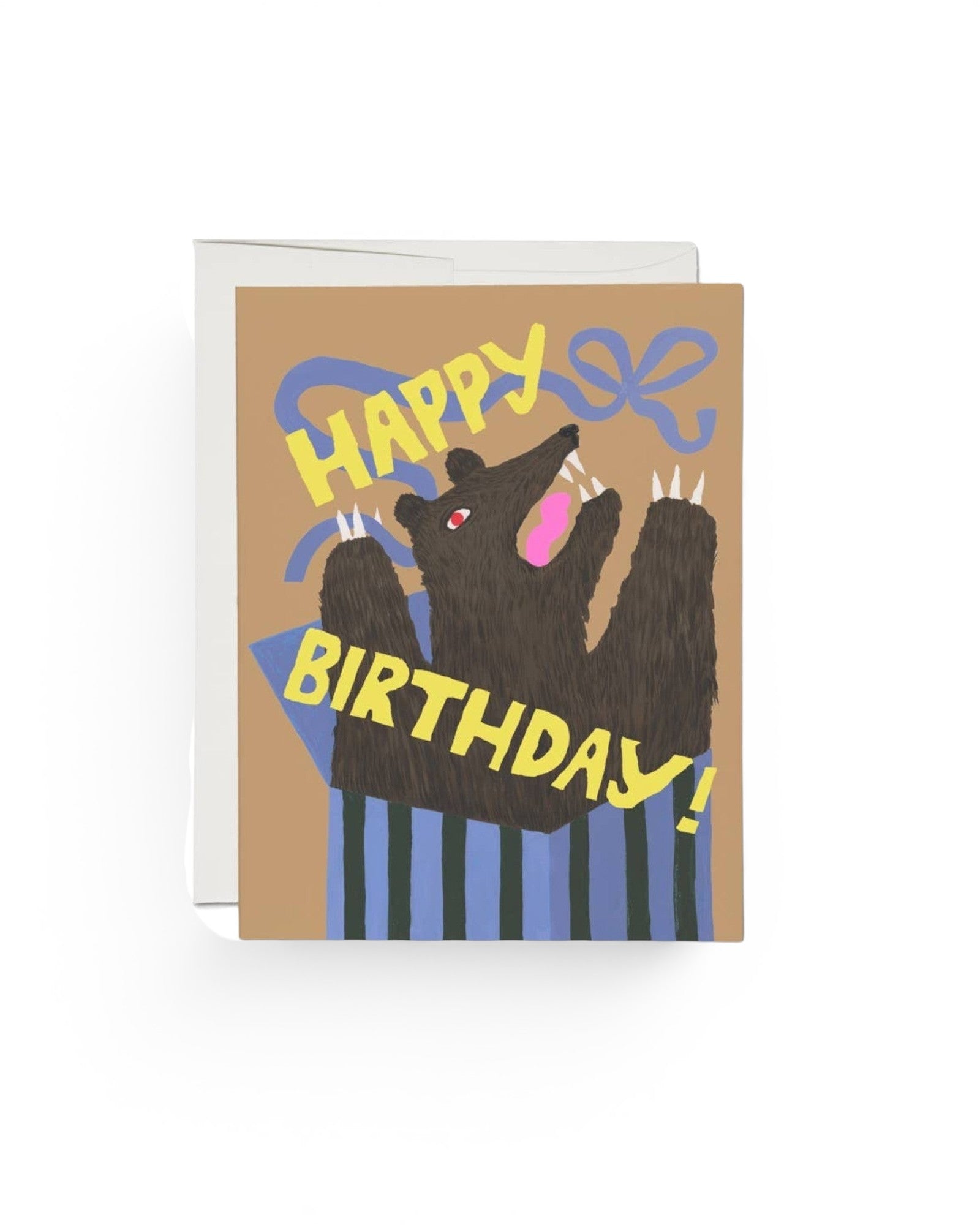 JONES + CO Bear Surprise birthday card featuring an illustrated bear popping out of a gift box on recycled paper.