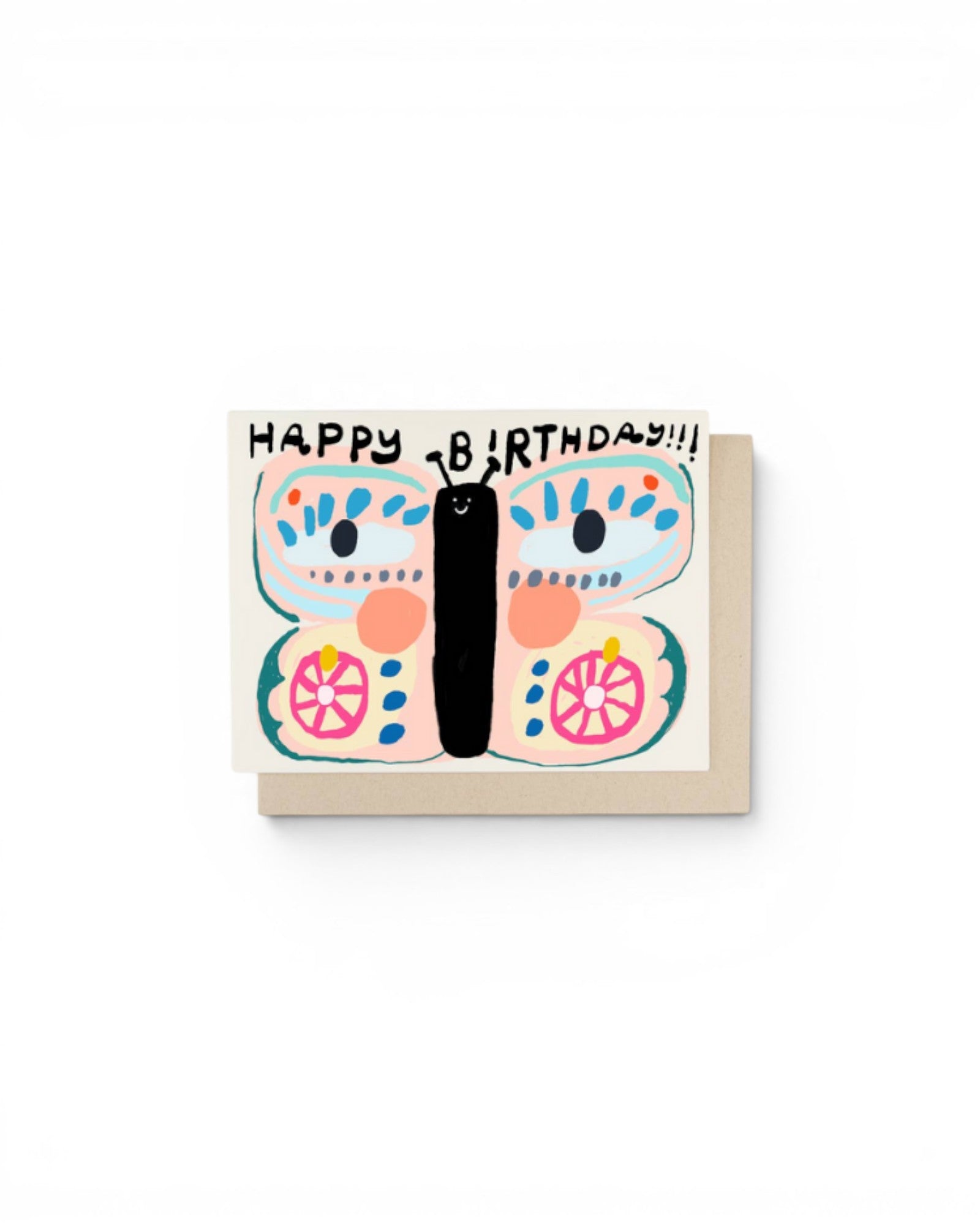 JONES + CO Birthday Butterfly Card with whimsical hand-drawn butterfly illustration in pink, blue, and cream.