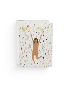 JONES + CO Birthday Suit greeting card featuring a joyful illustrated woman on a colorful confetti background.