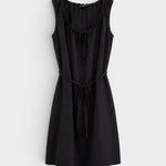 JONES + CO black linen scoop neck summer dress with a removable waist tie and breezy sleeveless silhouette.