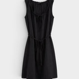 JONES + CO black linen scoop neck summer dress with a removable waist tie and breezy sleeveless silhouette.