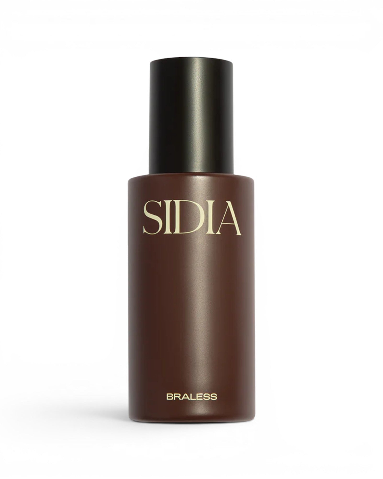 JONES + CO BRALESS body mist in a sleek dark brown bottle with minimalist gold lettering on a white background.