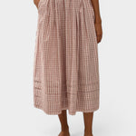 JONES + CO Cales midi skirt in cinnamon and white check cotton with elastic waist and pin tuck hem detail.