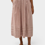JONES + CO Cales midi skirt in cinnamon and white check cotton with elastic waist and pin tuck hem detail.