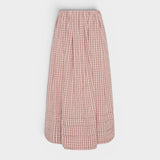 JONES + CO Cales midi skirt in cinnamon and white check cotton with elastic waist and hem pin tuck detailing.