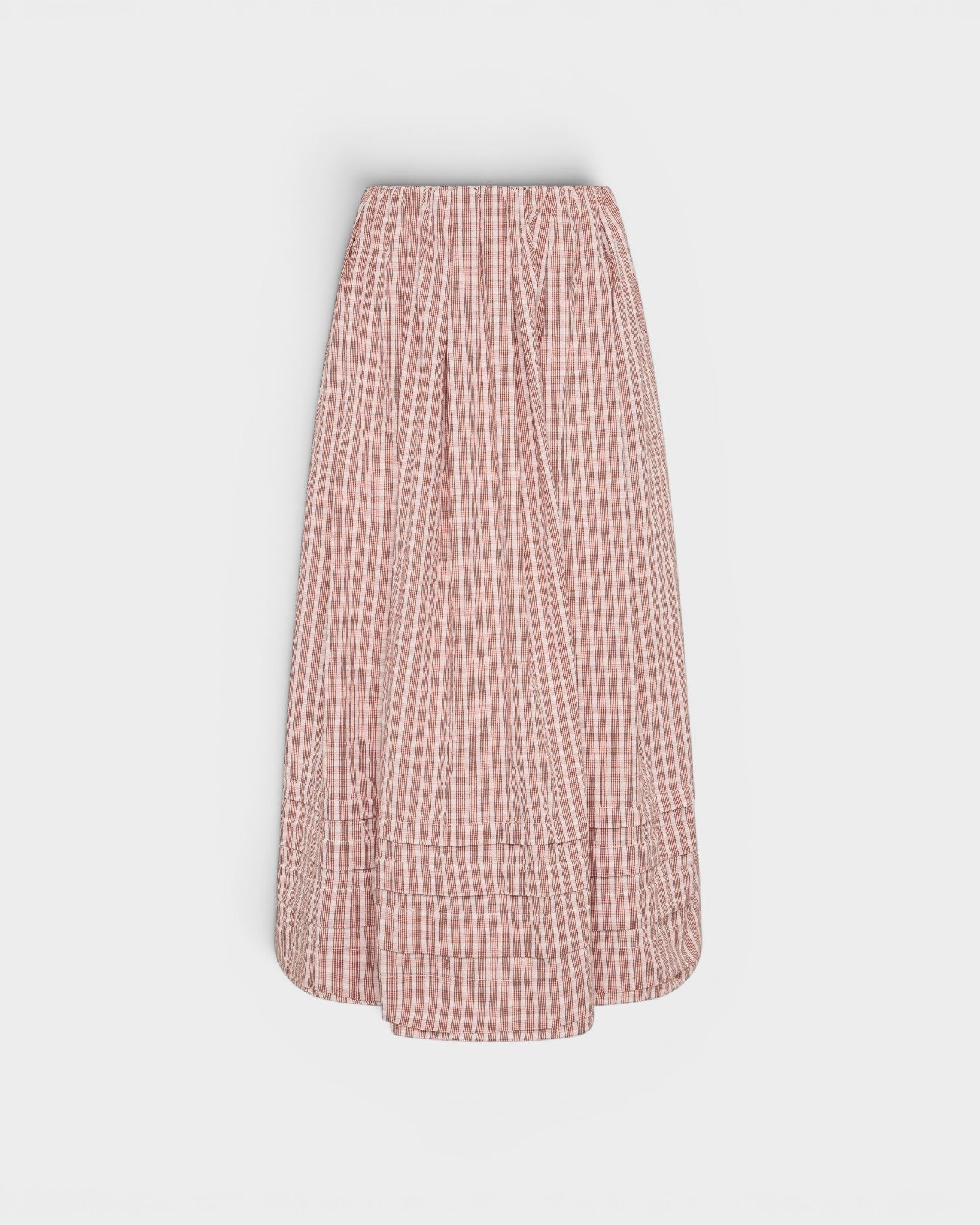JONES + CO Cales midi skirt in cinnamon and white check cotton with elastic waist and hem pin tuck detailing.