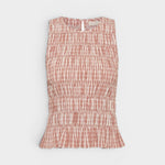 JONES + CO Cales Top in Cinnamon White check cotton with a shirred bodice and peplum frill hem.