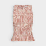 JONES + CO Cales Top in Cinnamon White check cotton with a shirred bodice and peplum frill hem.