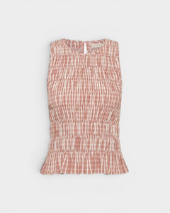 JONES + CO Cales Top in Cinnamon White check cotton with a shirred bodice and peplum frill hem.