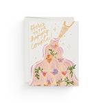 JONES + CO Champagne Fountain wedding card with floral illustration by Dylan Mierzwinski on recycled paper.