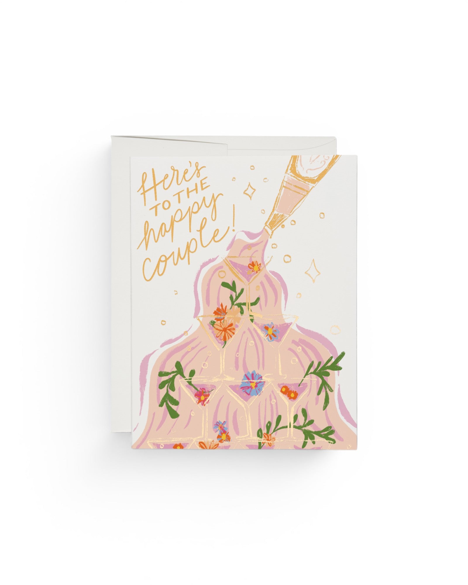 JONES + CO Champagne Fountain wedding card with floral illustration by Dylan Mierzwinski on recycled paper.