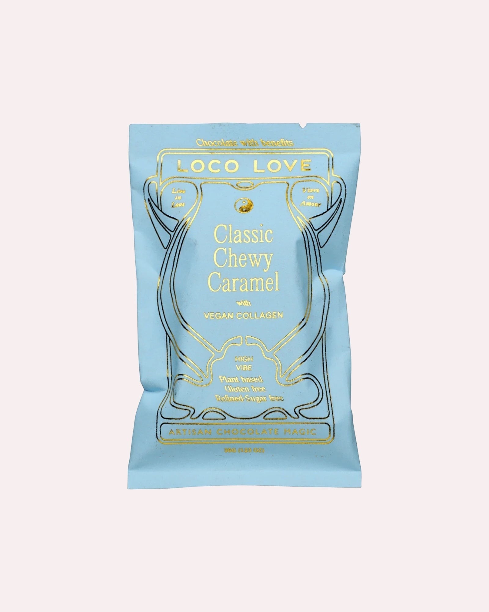 JONES + CO Loco Love Classic Chewy Caramel chocolate bar in light blue packaging with gold foil lettering.