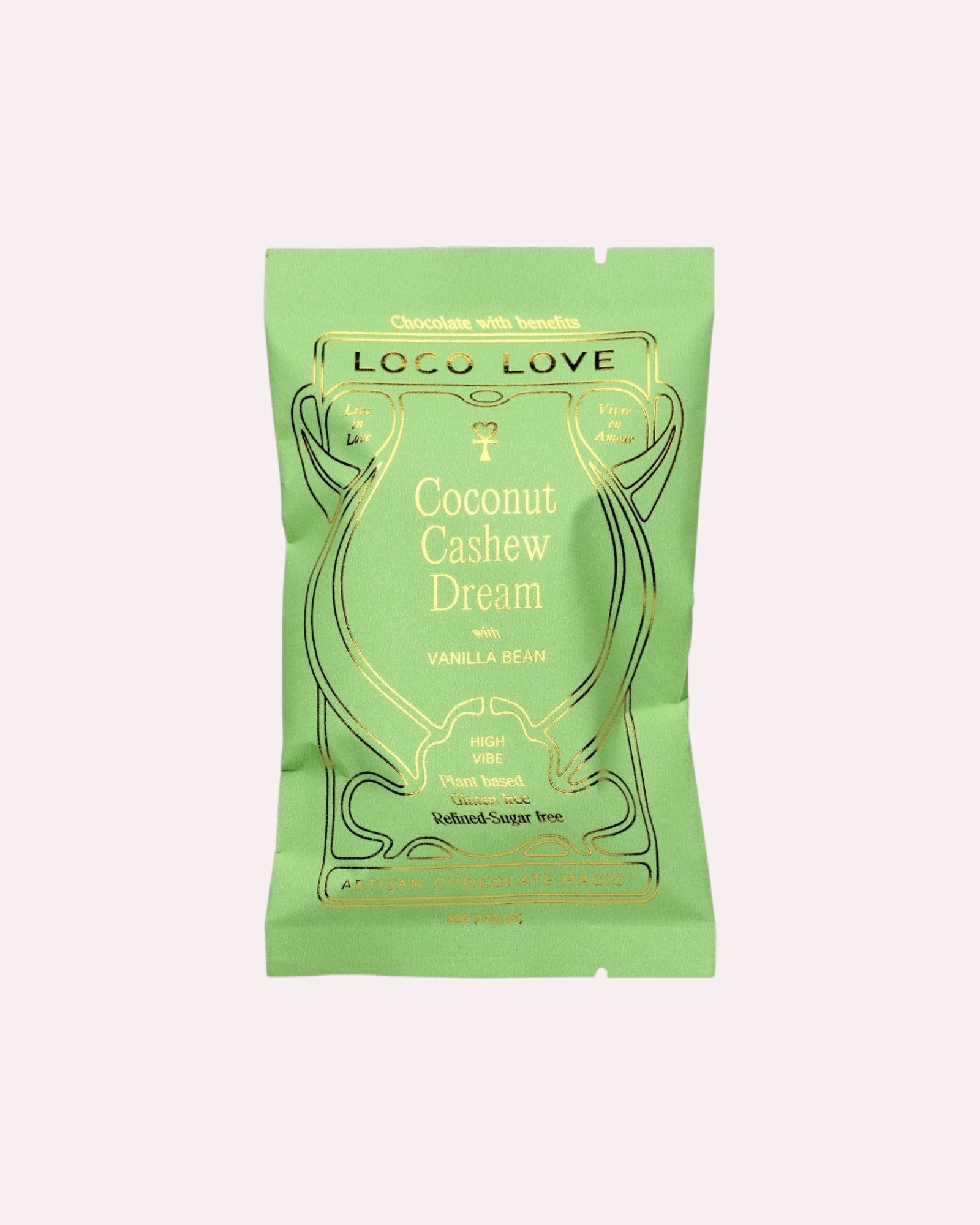 JONES + CO Loco Love Coconut and Cashew with Vanilla Bean dark chocolate bar in a light green wrapper