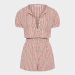 JONES + CO Emilie playsuit in cinnamon and white Paloma check print with puff sleeves and button-down front.