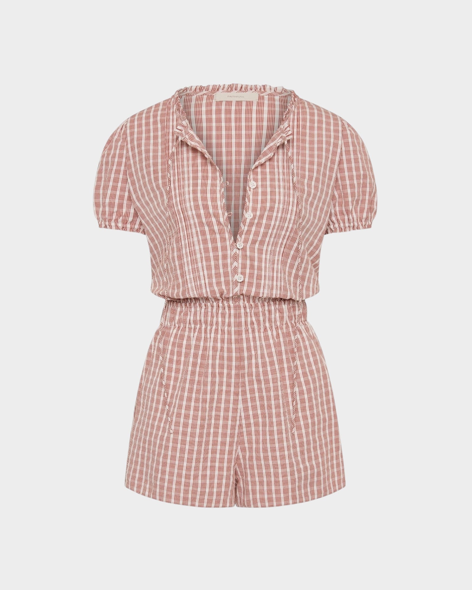 JONES + CO Emilie playsuit in cinnamon and white Paloma check print with puff sleeves and button-down front.
