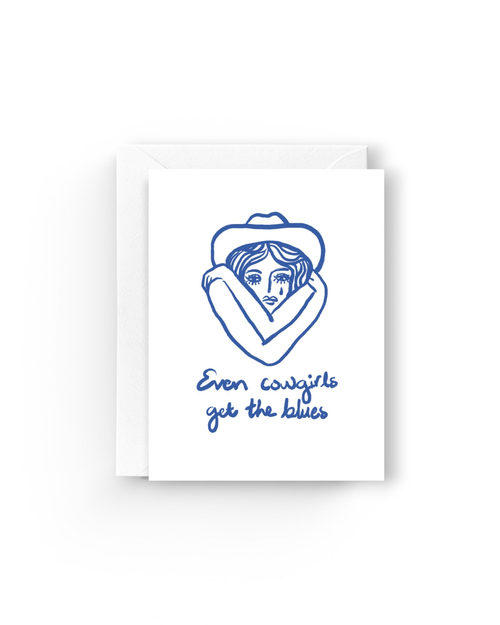 JONES + CO Even Cowgirls greeting card on recycled white paper with blue line art illustration and text.