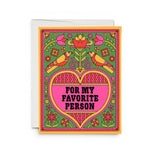 JONES + CO Favorite Person greeting card with folk art birds, floral heart design, and recycled paper texture.