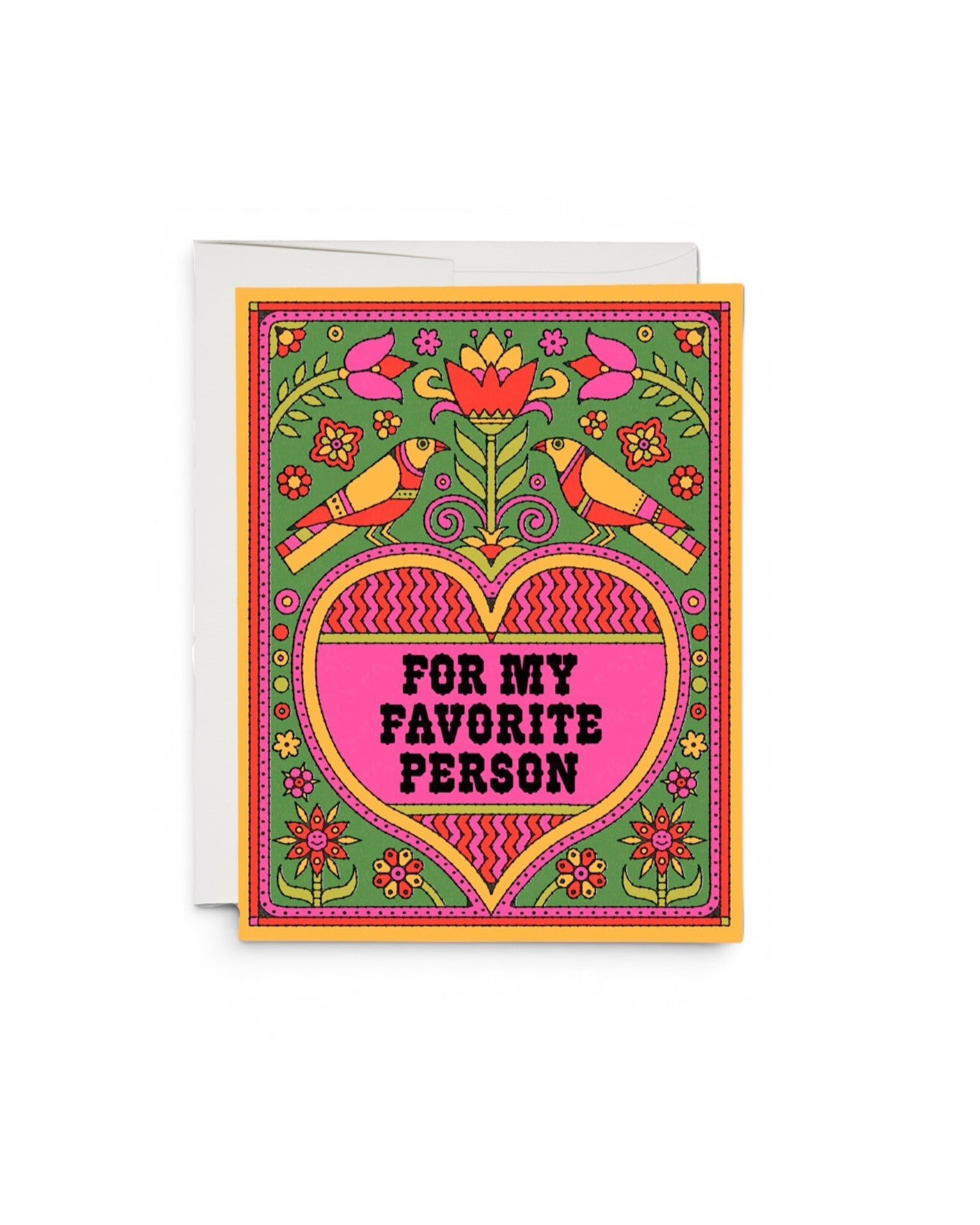 JONES + CO Favorite Person greeting card with folk art birds, floral heart design, and recycled paper texture.
