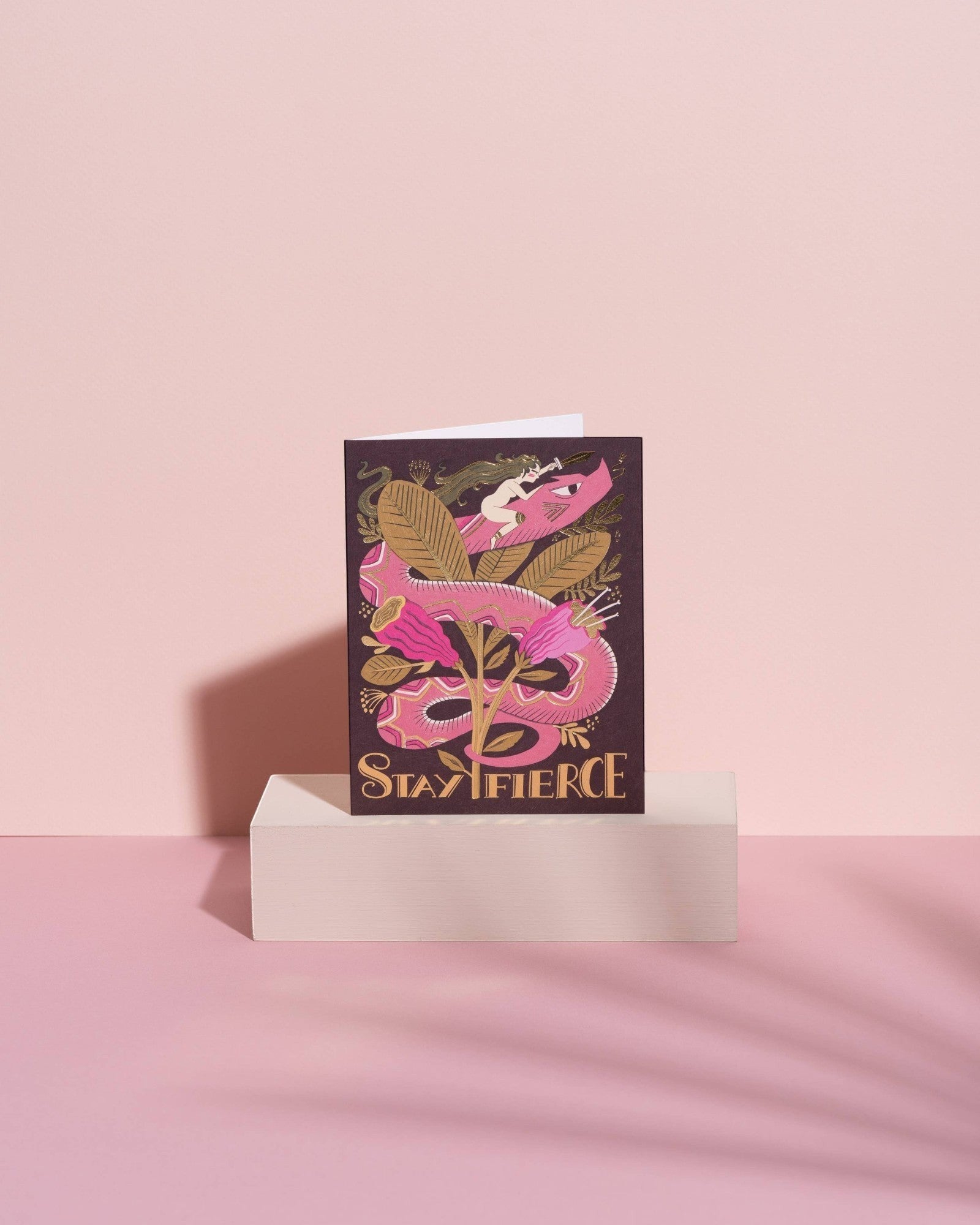 JONES + CO Fierce Snake greeting card on recycled paper with pink snake illustration by Melissa Castrillon.