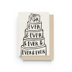 JONES + CO Forever and Ever greeting card featuring a black and white illustration of a tiered cake on cream paper.