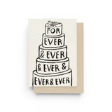 JONES + CO Forever and Ever greeting card featuring a black and white illustration of a tiered cake on cream paper.