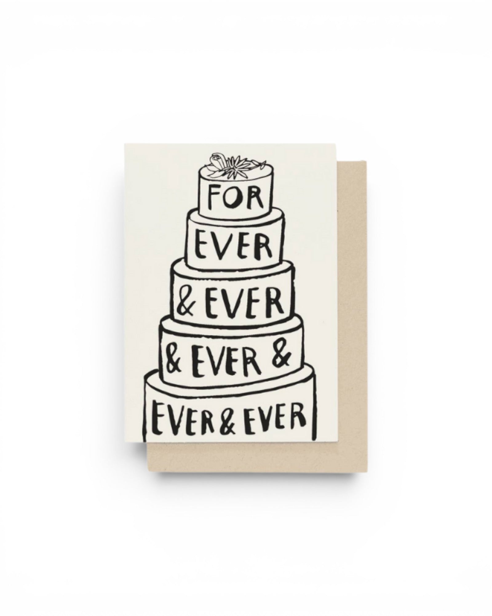 JONES + CO Forever and Ever greeting card featuring a black and white illustration of a tiered cake on cream paper.