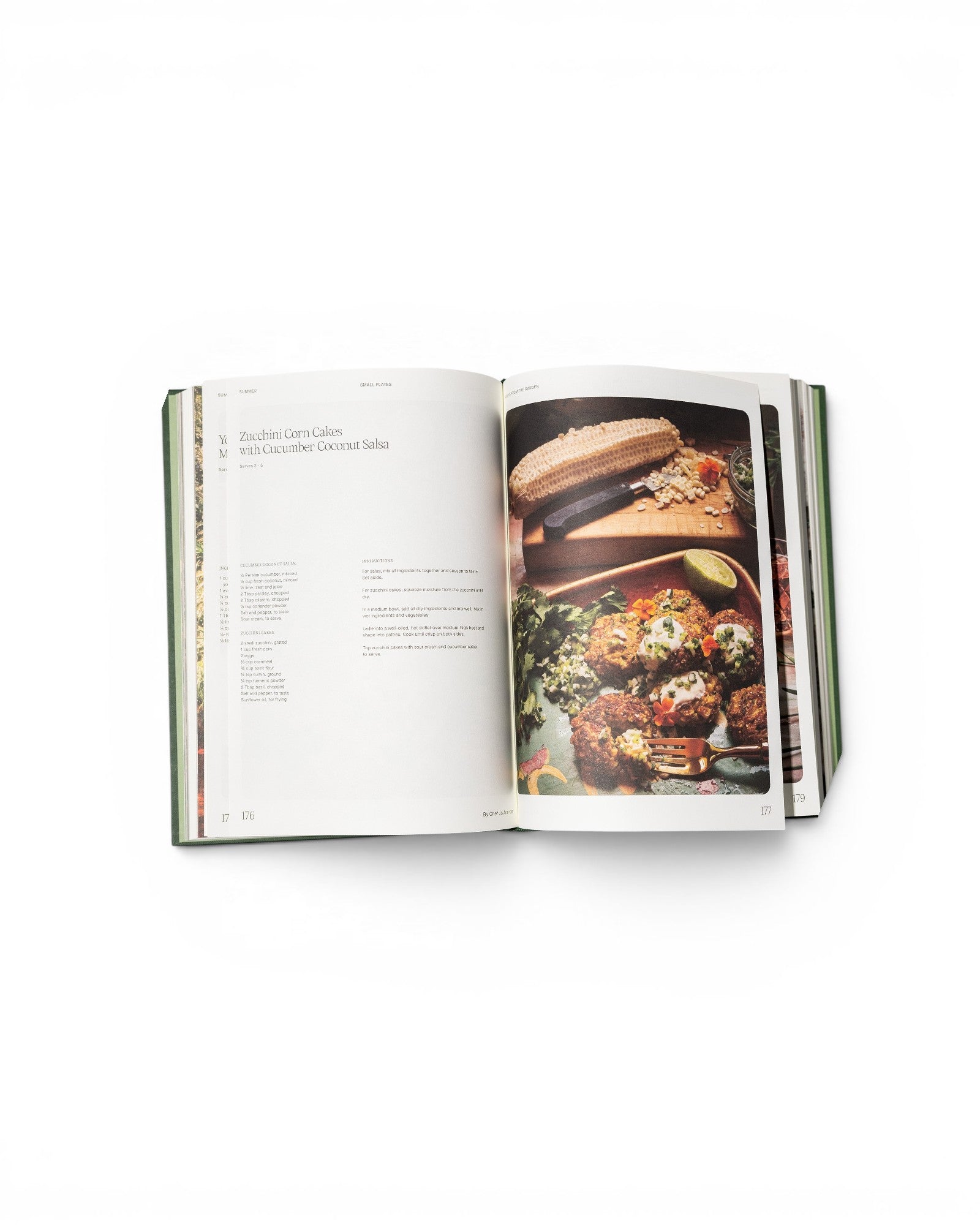 Open pages of the JONES + CO Fridays From the Garden cookbook featuring a recipe for zucchini corn cakes.