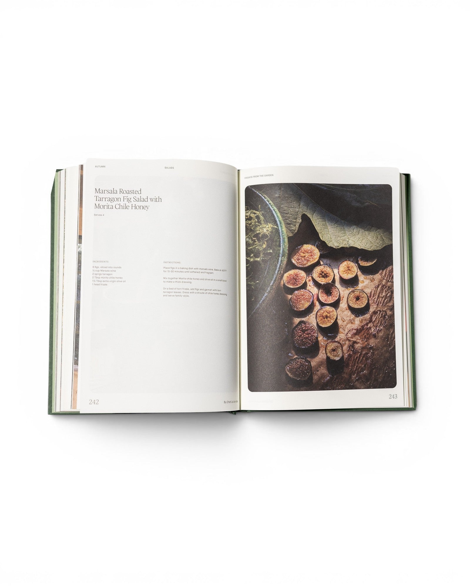 JONES + CO Fridays From the Garden cookbook open to a recipe page featuring Marsala Roasted Tarragon Fig Salad.