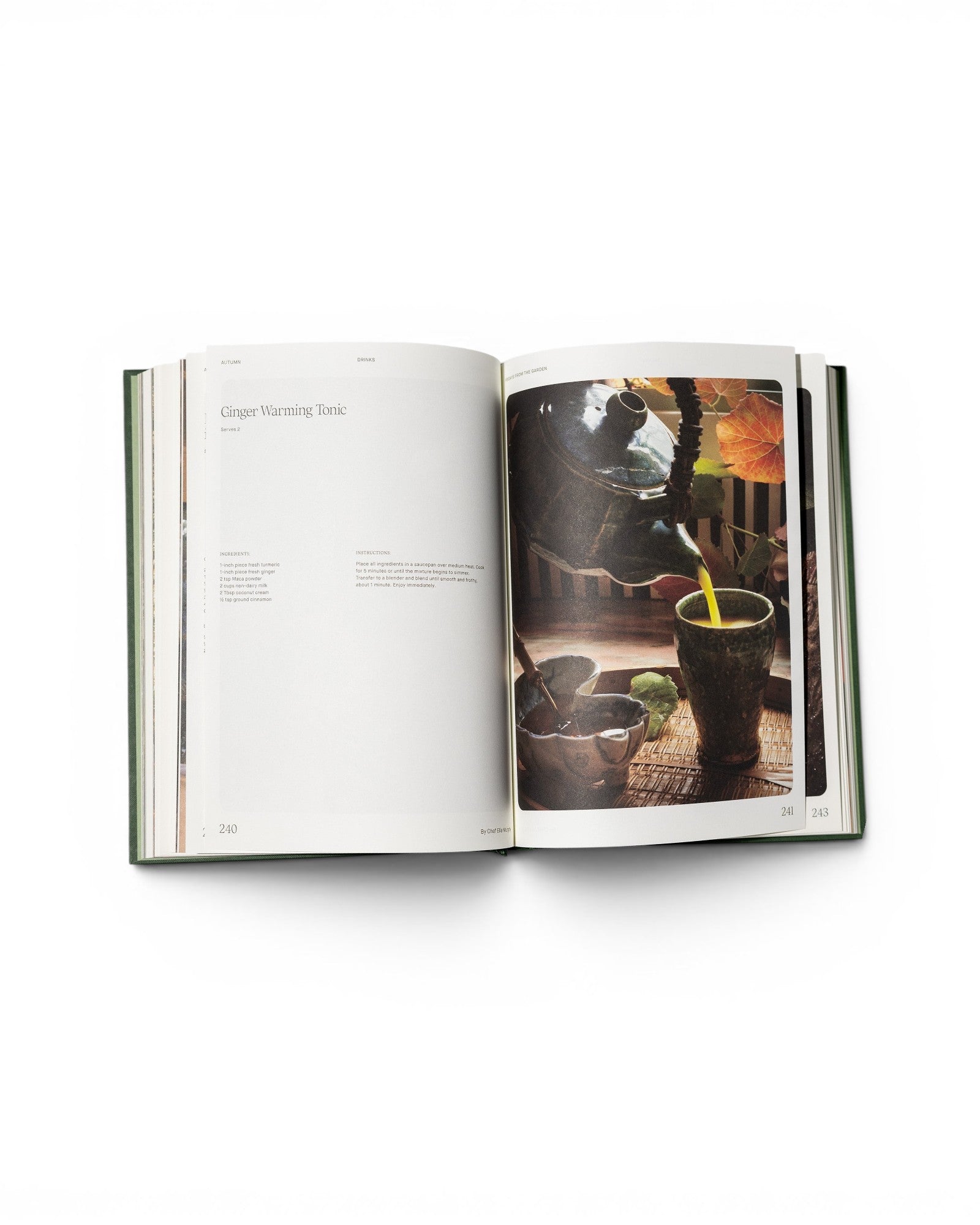 Open pages of the JONES + CO Fridays From the Garden cookbook featuring a Ginger Warming Tonic recipe and photography.