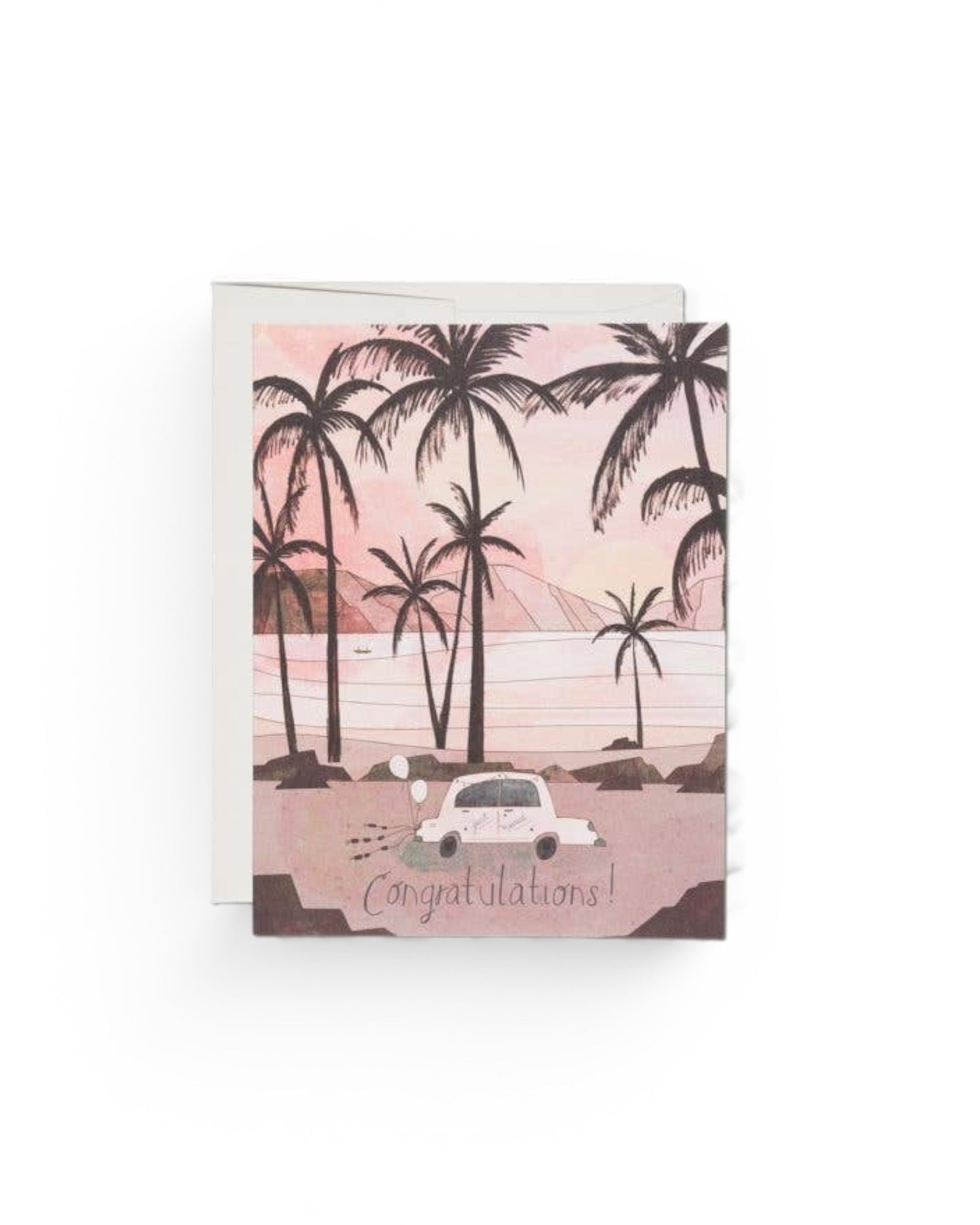 JONES + CO Getaway Car greeting card featuring a pink tropical beach illustration with a Just Married car.