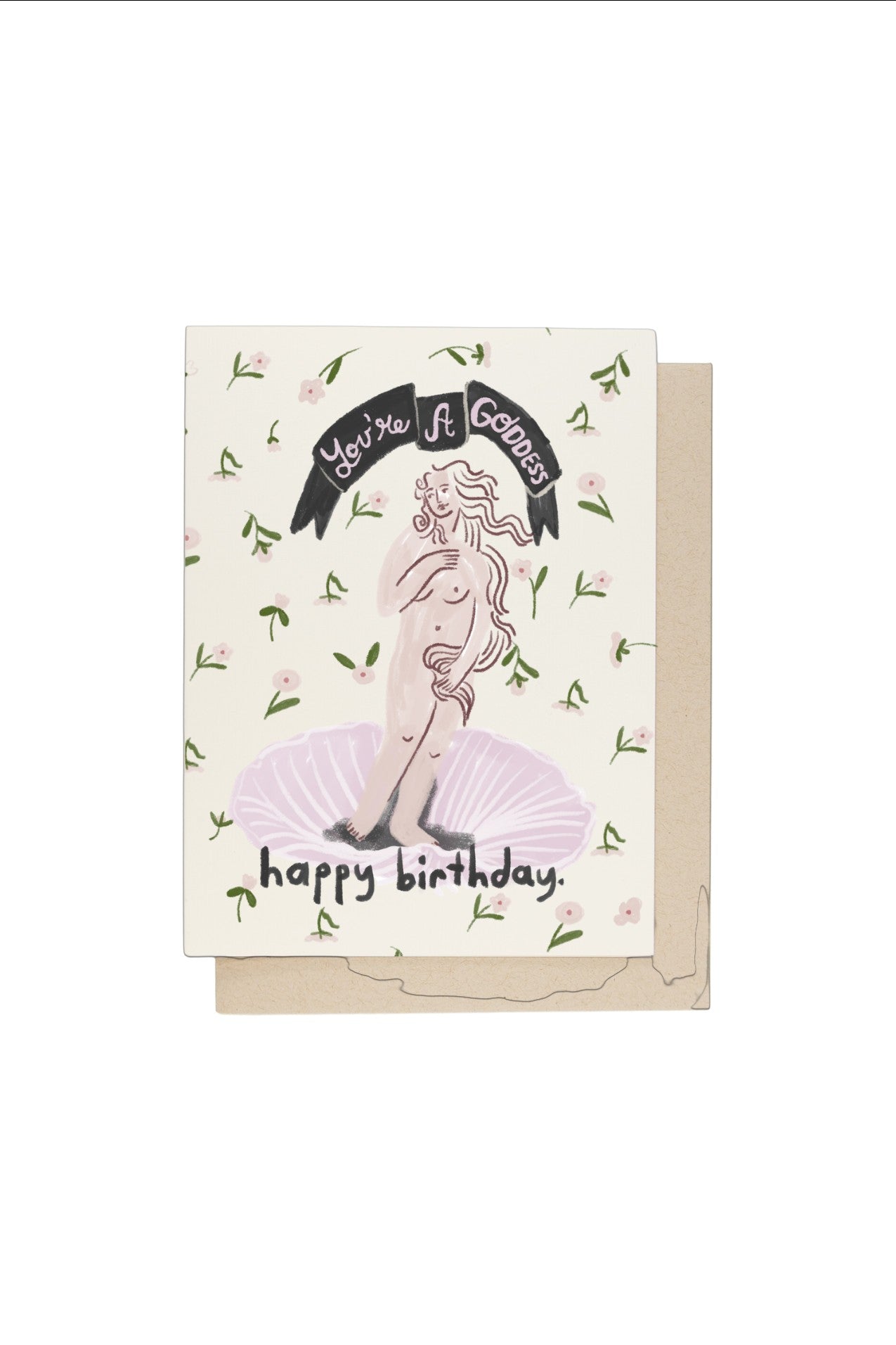 JONES + CO Goddess birthday card featuring a Botticelli-inspired Venus illustration on a floral cream background.