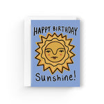JONES + CO Happy Birthday Sunshine greeting card on recycled paper with a cute sun illustration on a blue background.