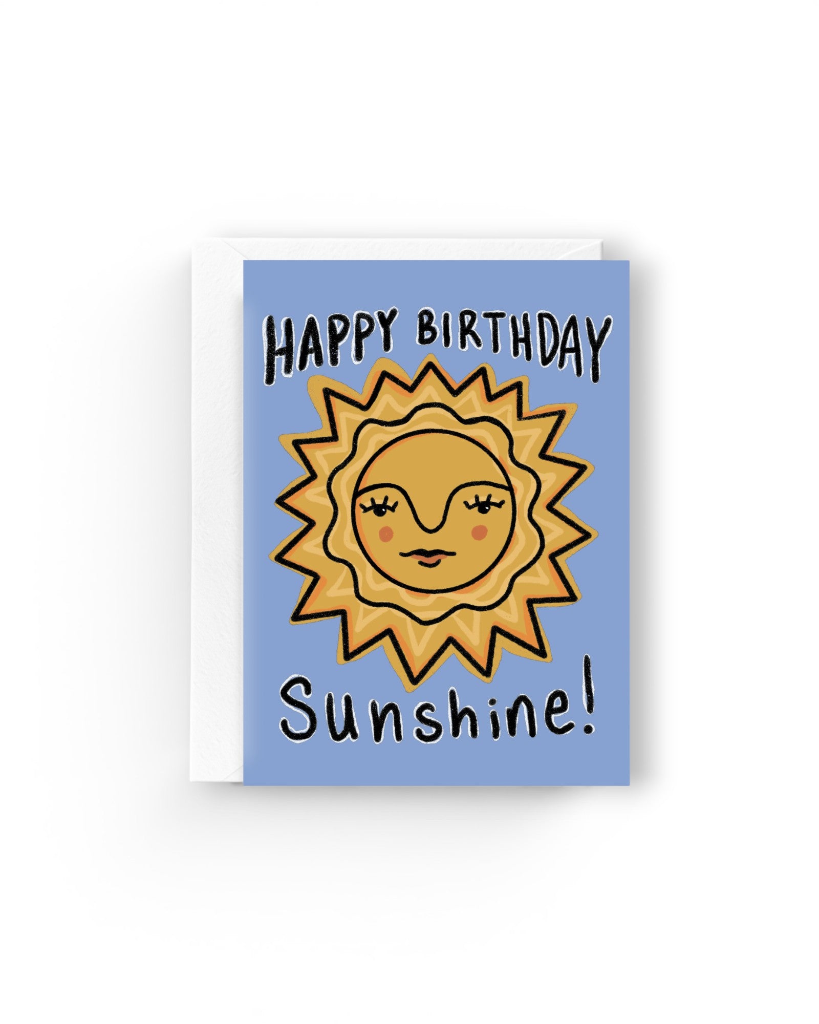 JONES + CO Happy Birthday Sunshine greeting card on recycled paper with a cute sun illustration on a blue background.