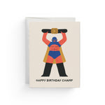 JONES + CO Happy Birthday Champ greeting card featuring a wrestler illustration on recycled paper.