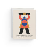 JONES + CO Happy Birthday Champ greeting card featuring a wrestler illustration on recycled paper.