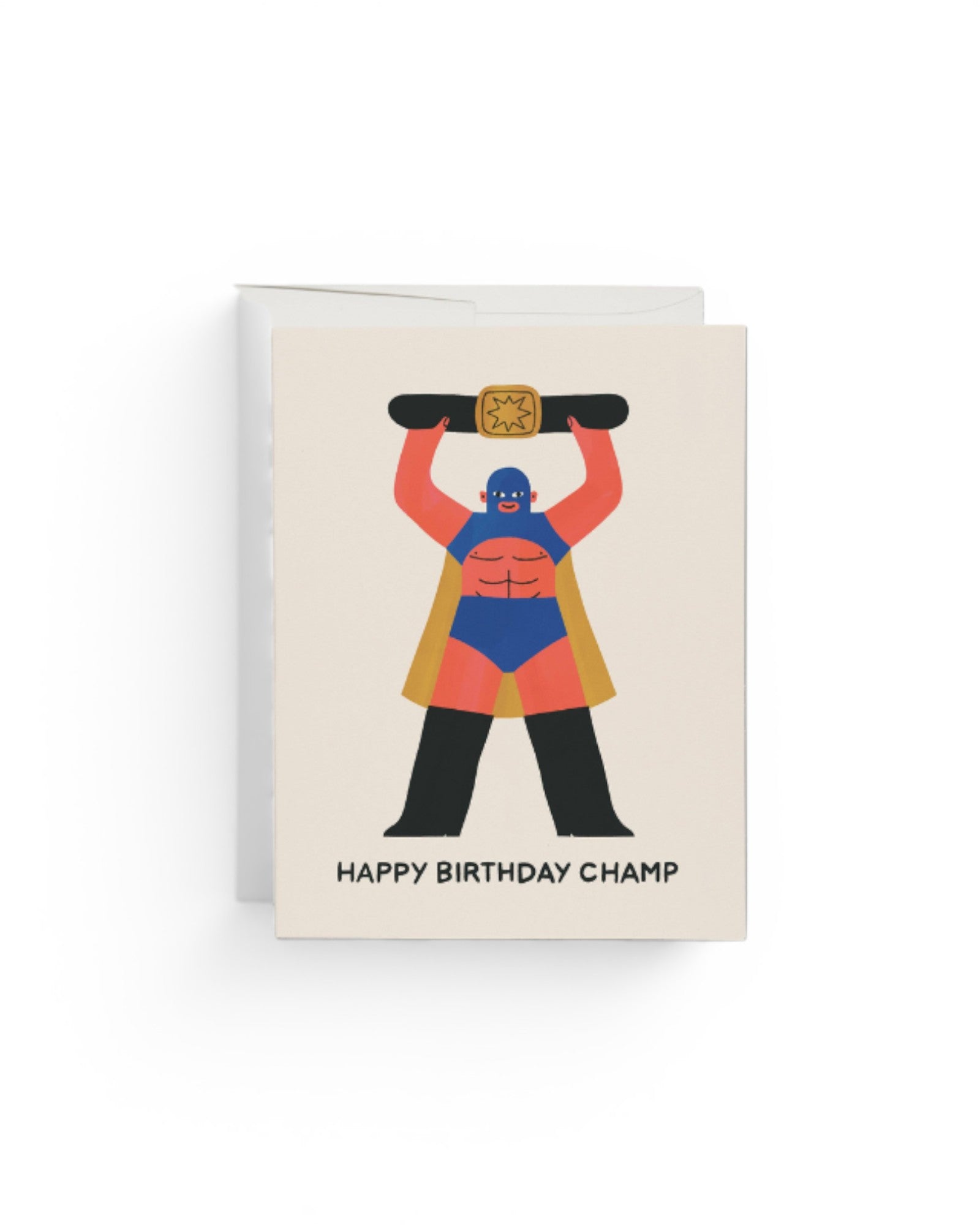 JONES + CO Happy Birthday Champ greeting card featuring a wrestler illustration on recycled paper.