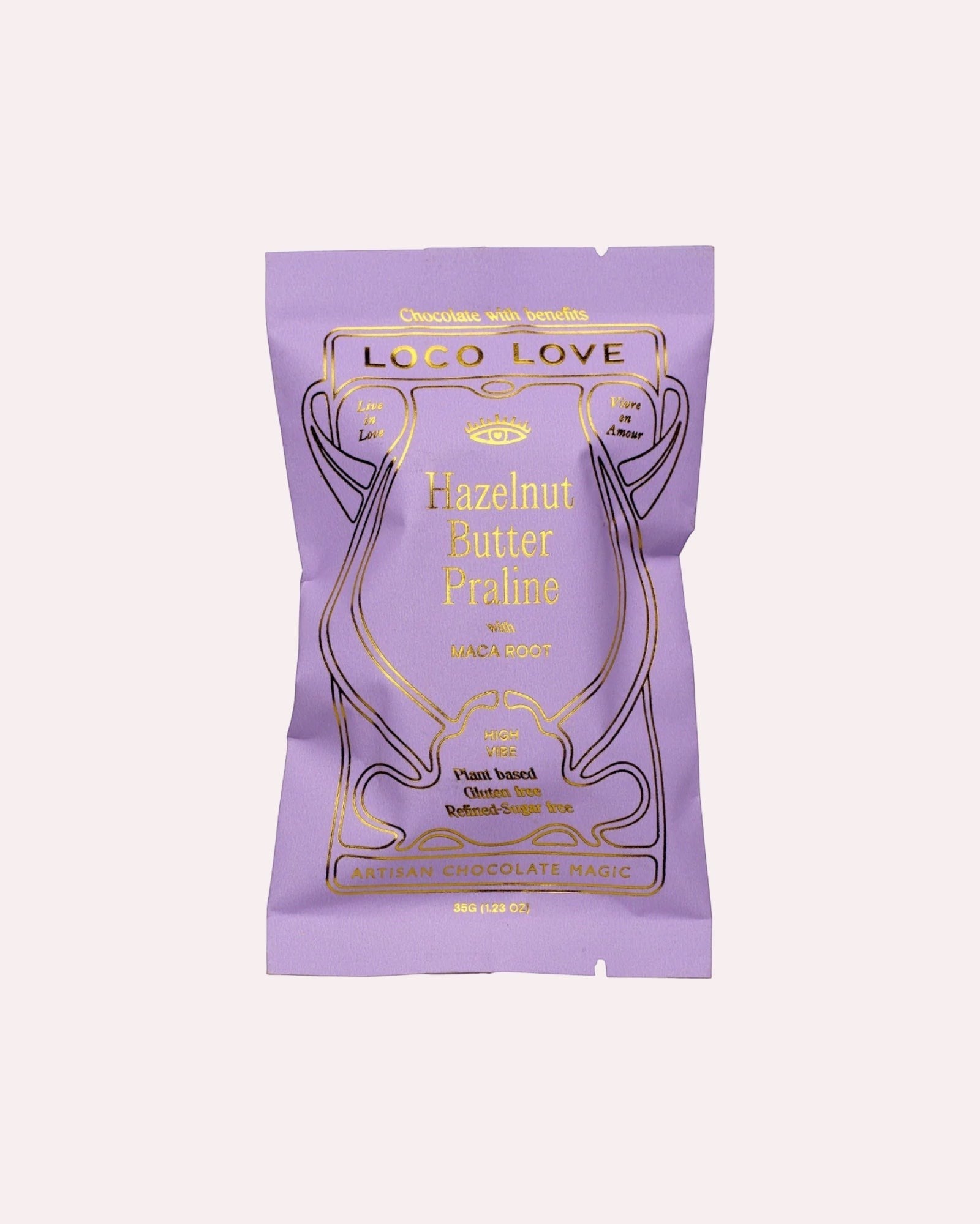JONES + CO Loco Love hazelnut butter praline chocolate bar with maca root in a light purple wrapper