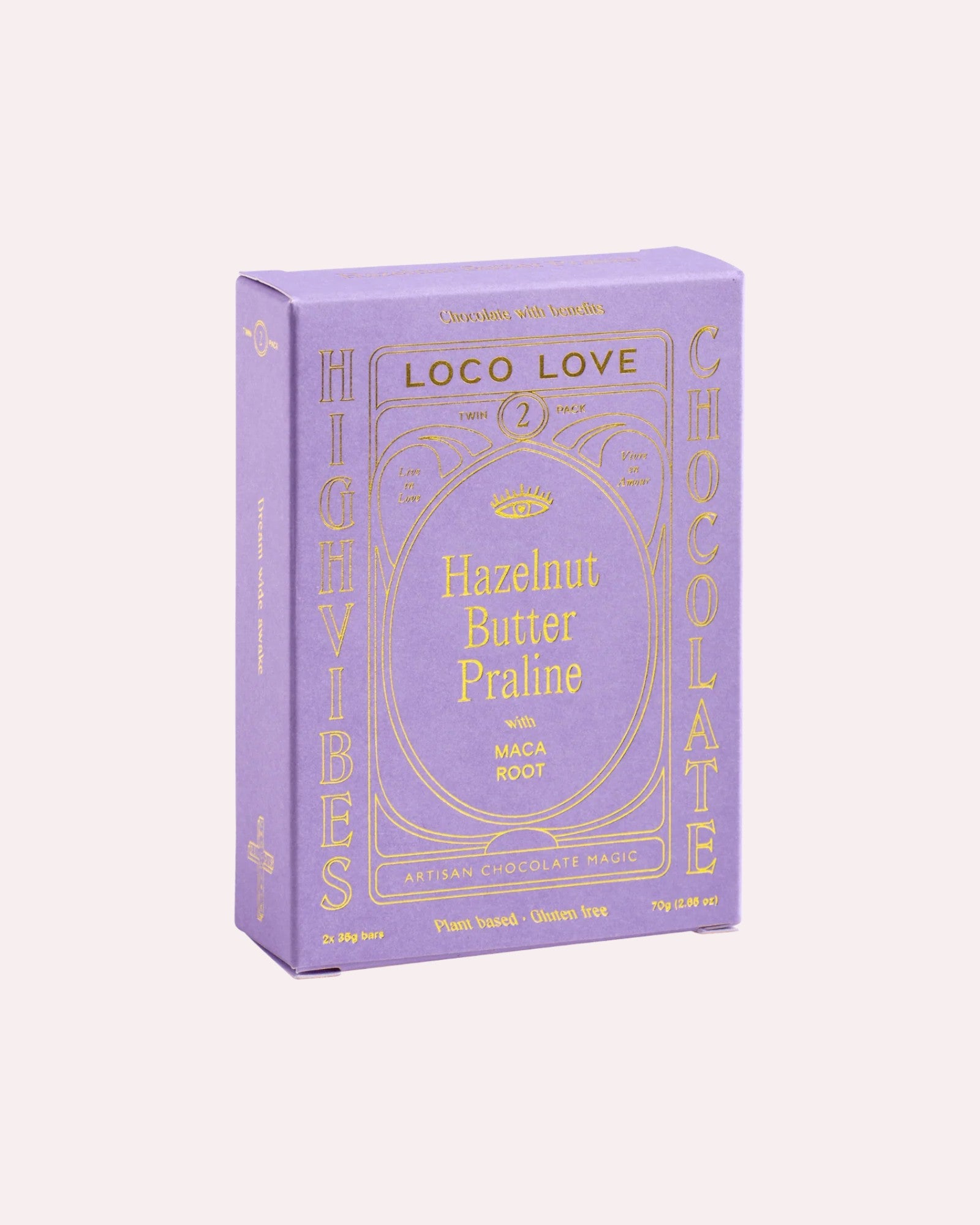 JONES + CO Hazelnut Butter Praline chocolate bar with maca root in a purple box with gold foil lettering.