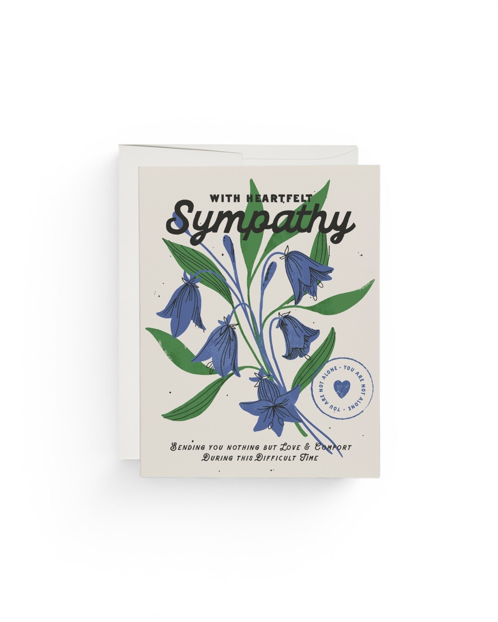 JONES + CO Heartfelt Sympathy card with blue bellflower illustration on recycled paper by Dylan Mierzwinski.
