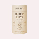 JONES + CO Higher Being medicinal mushroom and adaptogen cacao tonic powder in a beige cylindrical canister.