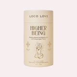 JONES + CO Higher Being medicinal mushroom and adaptogen cacao tonic powder in a beige cylindrical canister.
