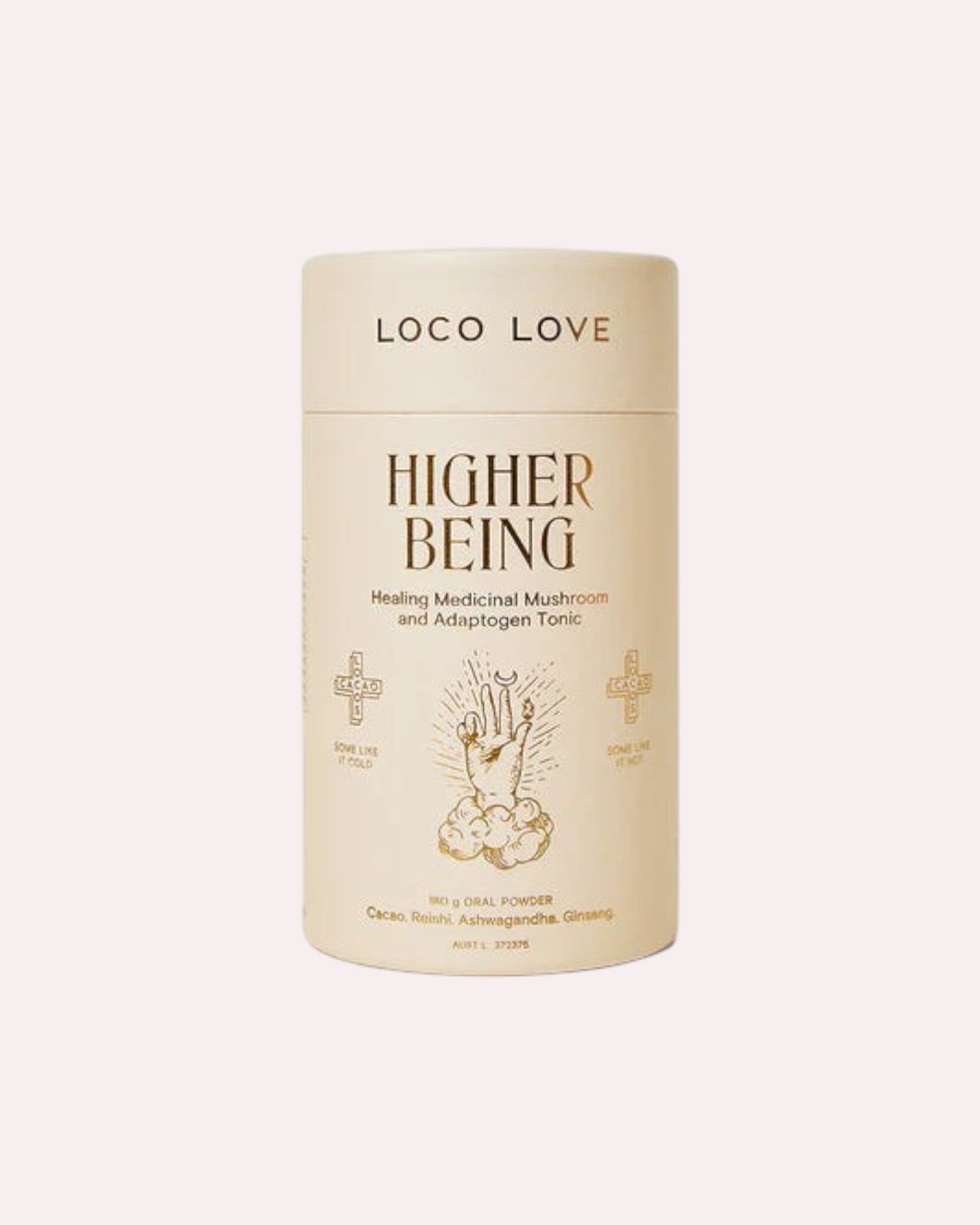 JONES + CO Higher Being medicinal mushroom and adaptogen cacao tonic powder in a beige cylindrical canister.