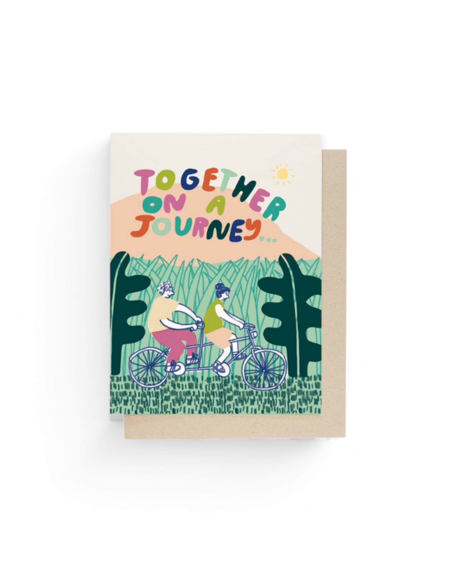 JONES + CO Journey Together greeting card featuring a colorful illustration of a couple riding a tandem bicycle.