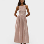 JONES + CO Laia maxi dress in cinnamon and white checkered cotton with a shirred bodice and square neckline.